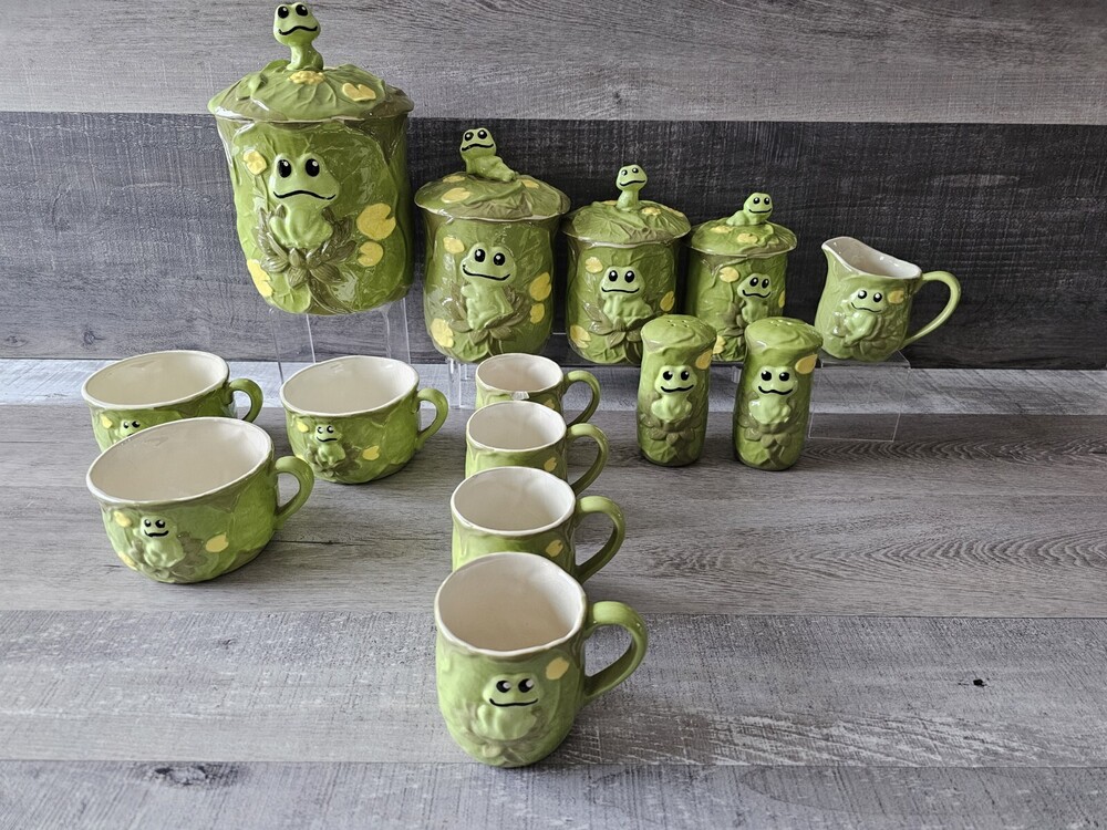 Frog Canister Cookie Jar Vtg Ceramic Handpainted 1970s , Cups, Salt And Pepper +